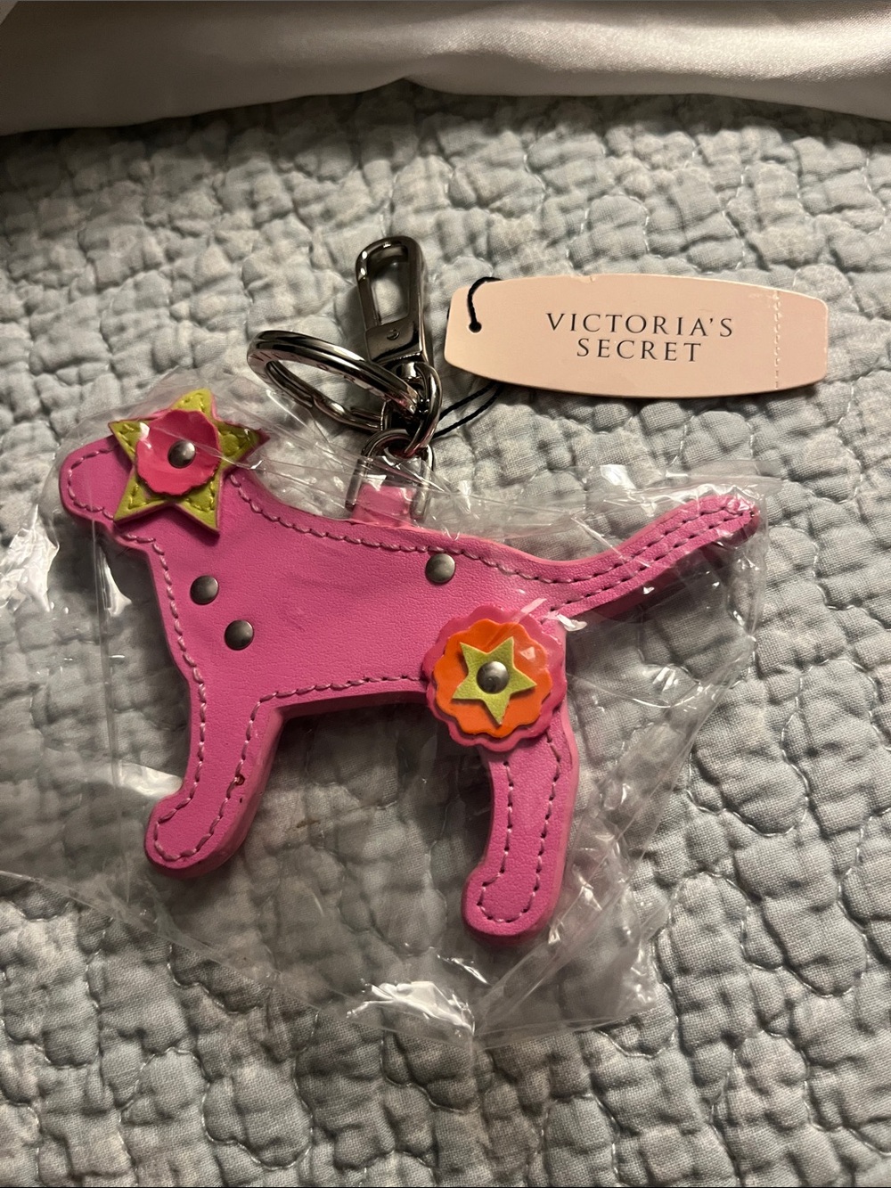 Victoria's Secret Pink Dog Keychain with Yellow & Orange Star Accents
